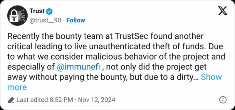 
			Immunefi приостановила работу TrustSec на фоне спора о вознаграждениях		